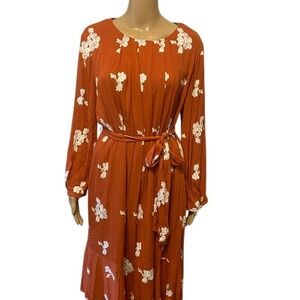 Floral Embroidered Midi Dress Long Sleeve Rust Orange Casual Fall